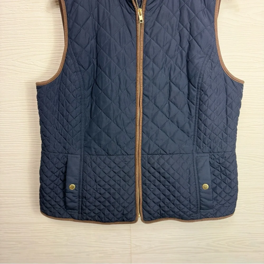 Talbots Dark Navy Quilted Vest w/Gold Accents‎ Zip Front Size Large